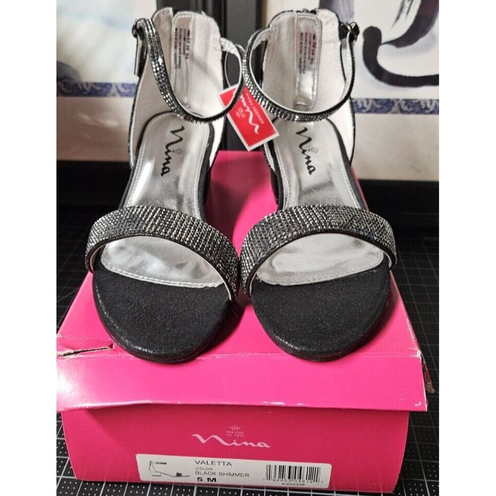 NINA Girl's Valetta Black Shimmer ankle strap sandals Big Kid 5M